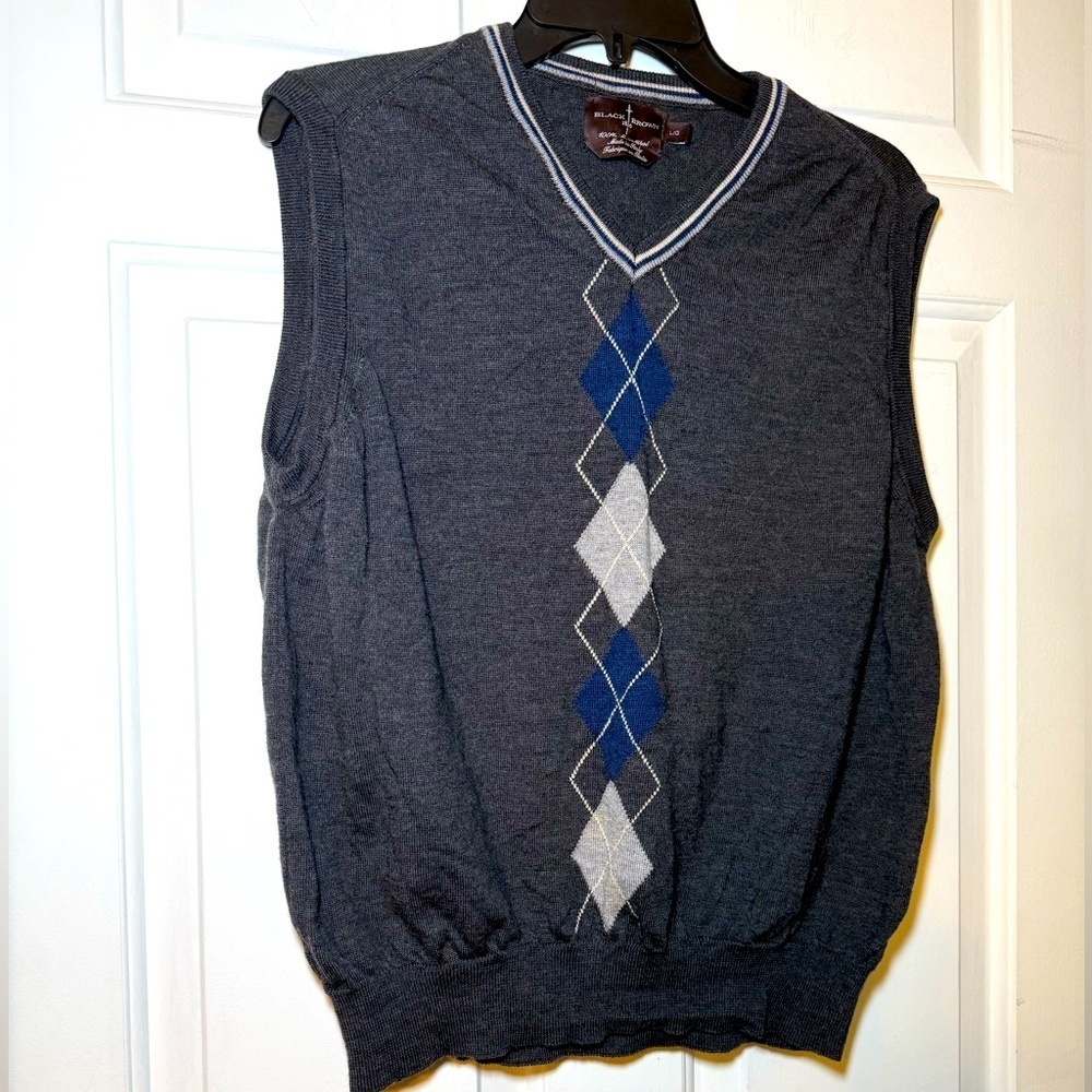 Argyle Gray Blue Sweater Vest Merino Wool Large Italy Black & Brown Grandpacore
